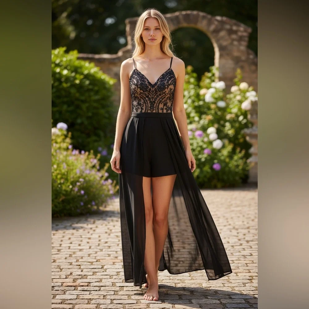 Selfie Leslie Elegant Black and Gold High Low Dress - Picture 1 of 8
